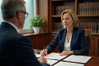 Femme consultant un notaire dans un bureau traditionnel lors d'une consultation gratuite à la Chambre des notaires