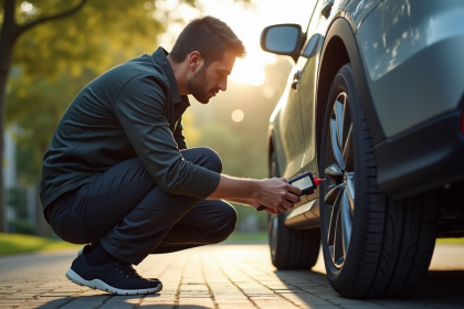 Contrôle de pression des pneus d'une voiture moderne en plein jour