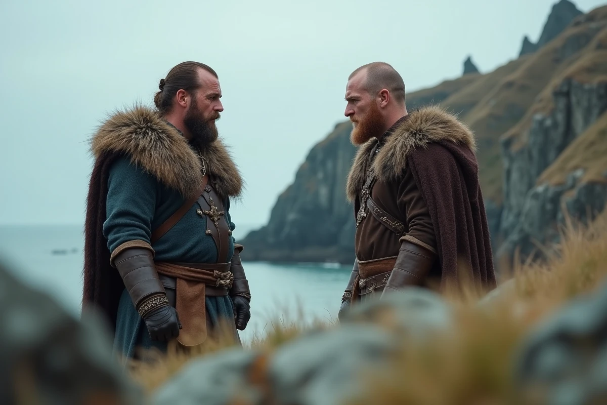 Deux guerriers vikings en discussion sur la c&ocirc;te