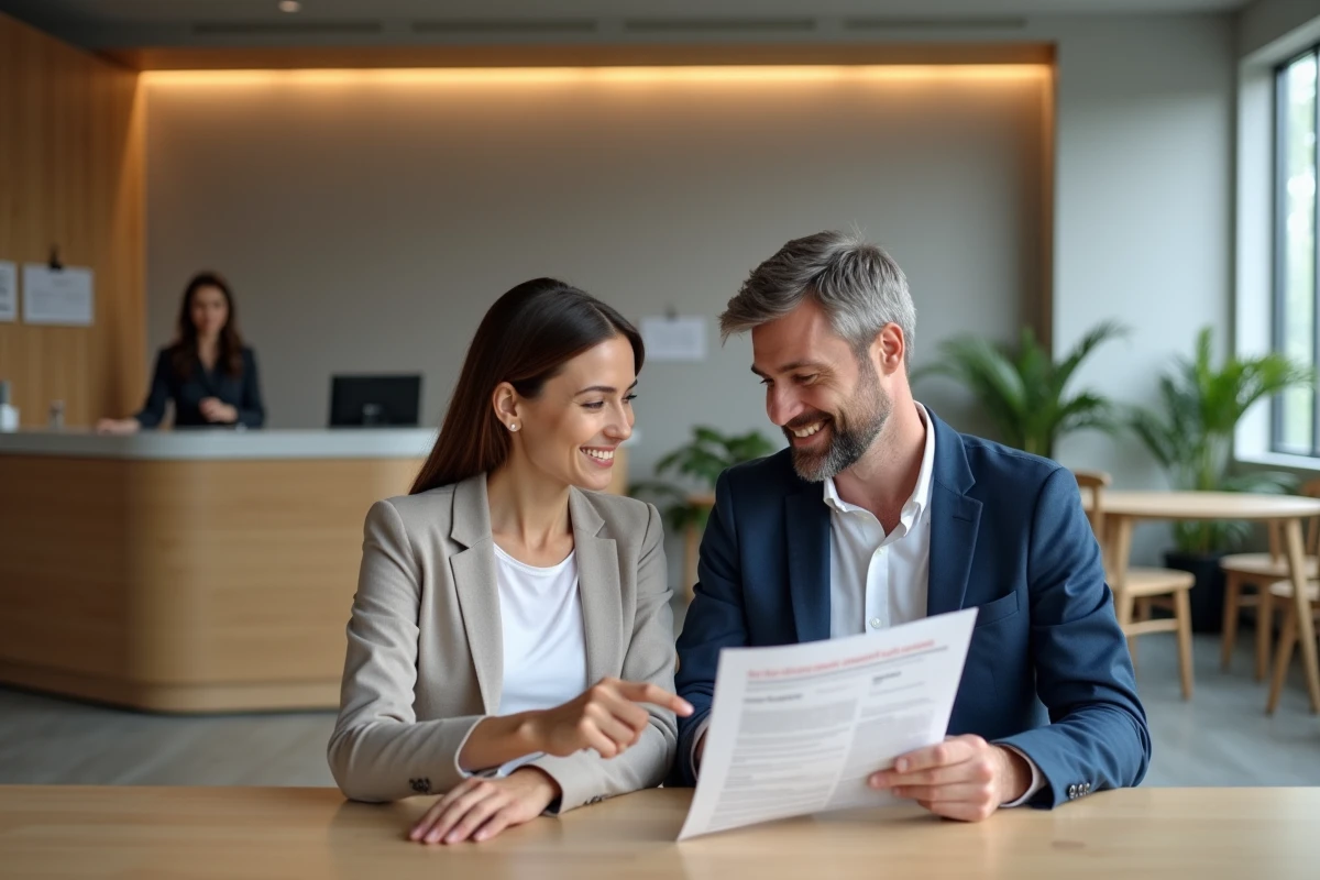 Couple se renseignant sur la consultation juridique gratuite à l'accueil d'un office notarial moderne