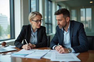 Couple d'affaires en réunion dans un bureau moderne