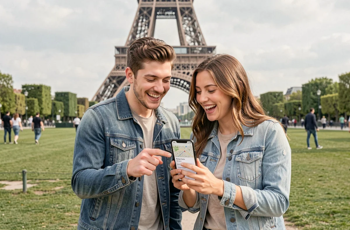 Couple cherchant leur itinéraire sur une carte numérique des arrondissements devant la Tour Eiffel