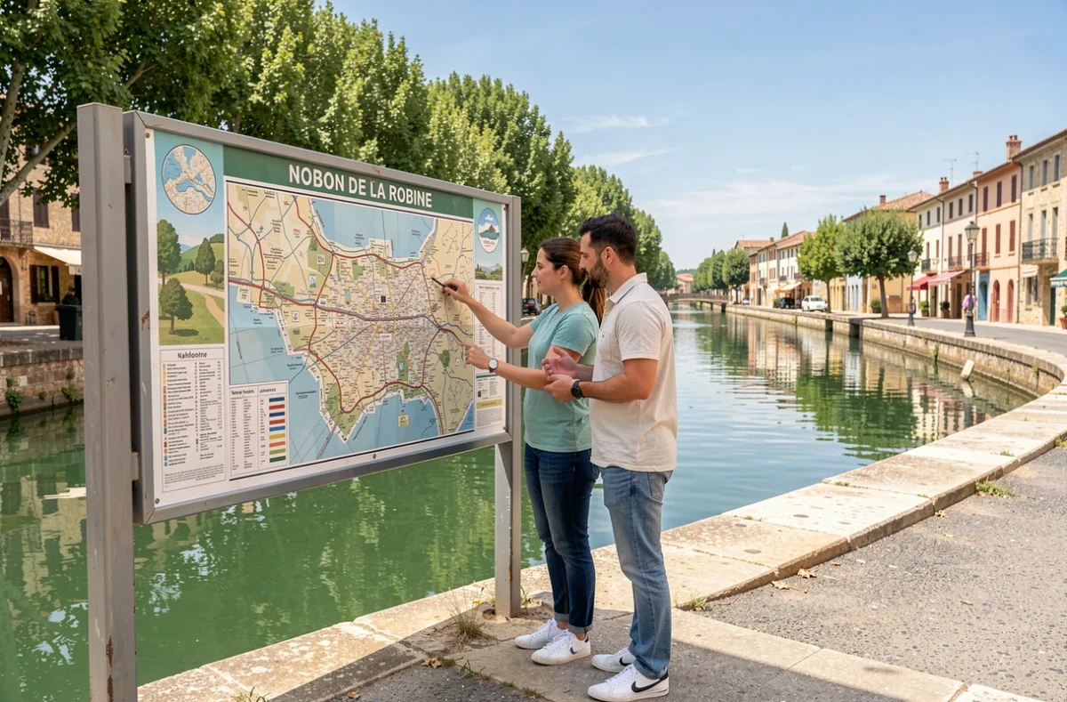 Couple regardant un panneau de plan touristique de Narbonne au bord du Canal de la Robine