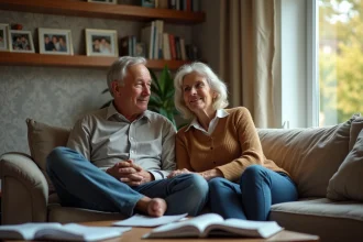 Couple contemplatif dans un salon chaleureux et décoré