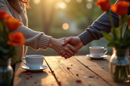 Couple tenant mains sur table en bois avec fleurs et cafes