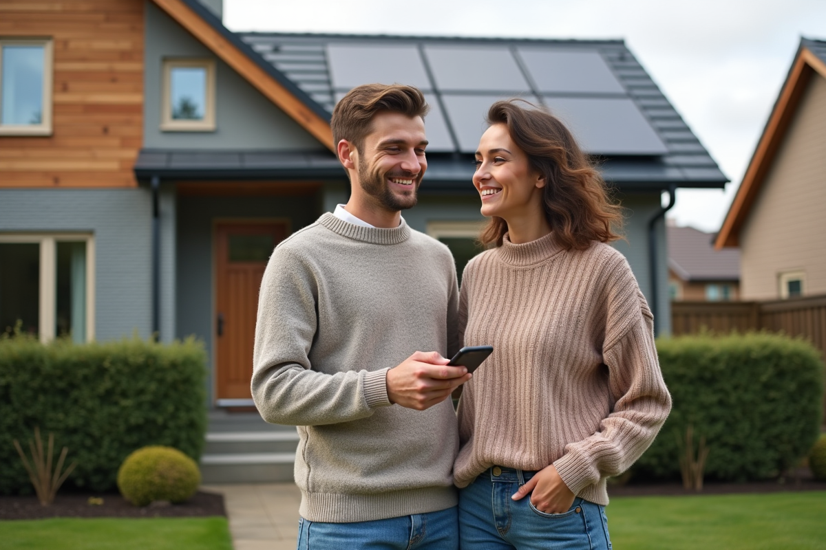 Jeune couple discute de leur maison écoénergétique extérieure