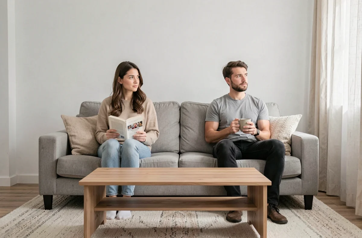 Deux personnes dans un appartement minimaliste assis à distance sur un canapé avec des expressions tendres et hésitantes, illustrant la complexité émotionnelle d'une relation naissante et le manque non exprimé