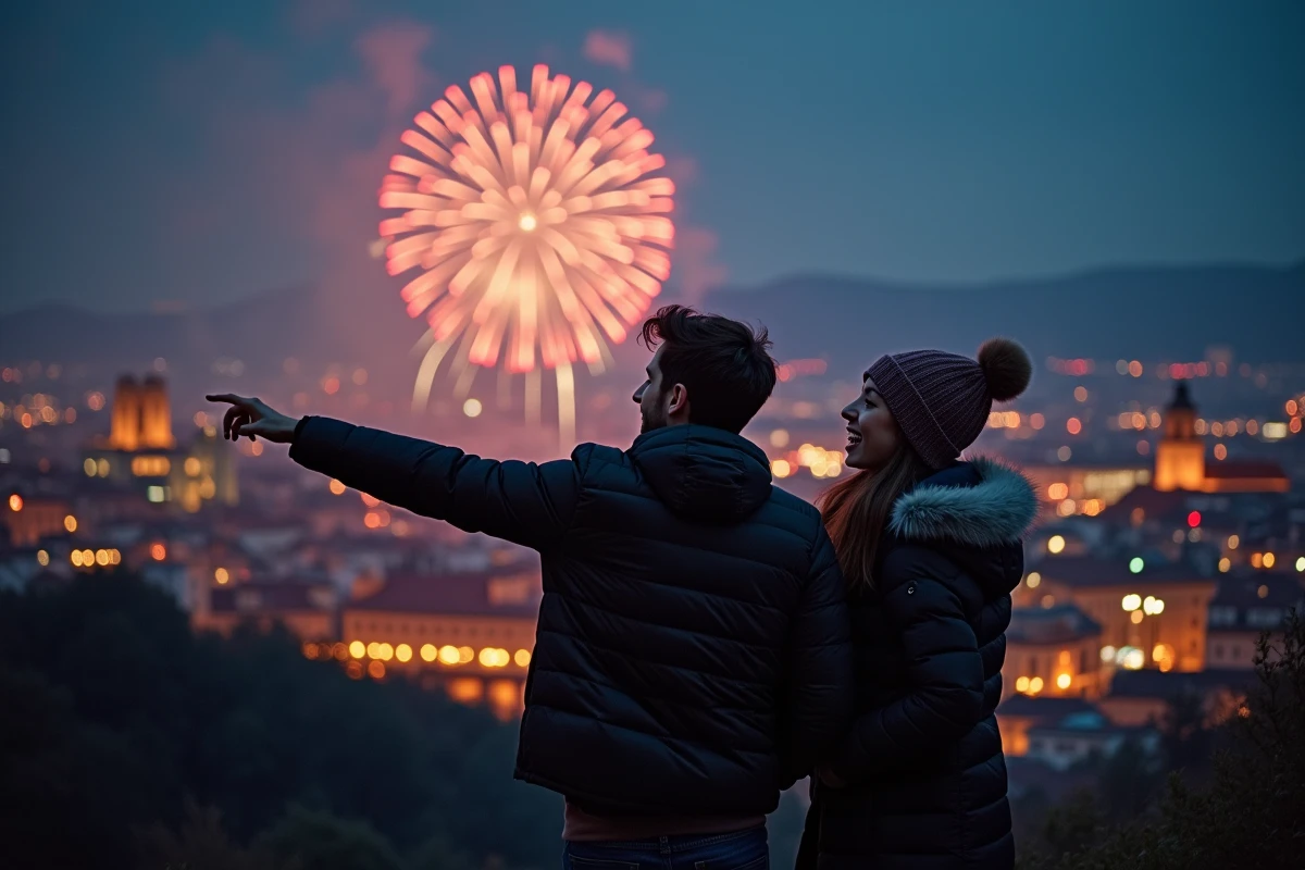 Couple observant le feu d'artifice du Nouvel An depuis un point de vue panoramique sur Lyon