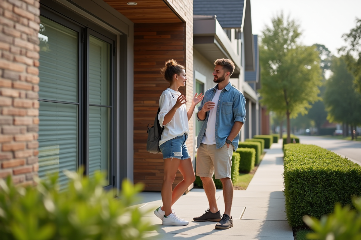 Jeune couple regardant des volets extérieurs fermés devant leur maison