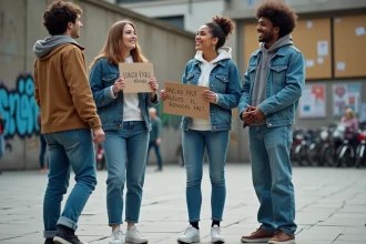 Groupe de jeunes adultes engagés dans une discussion militante dans une place urbaine, tenant une pancarte artisanale, illustrant le débat autour du wokisme et du militantisme