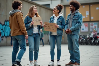 Groupe de jeunes adultes engagés dans une discussion militante dans une place urbaine, tenant une pancarte artisanale, illustrant le débat autour du wokisme et du militantisme