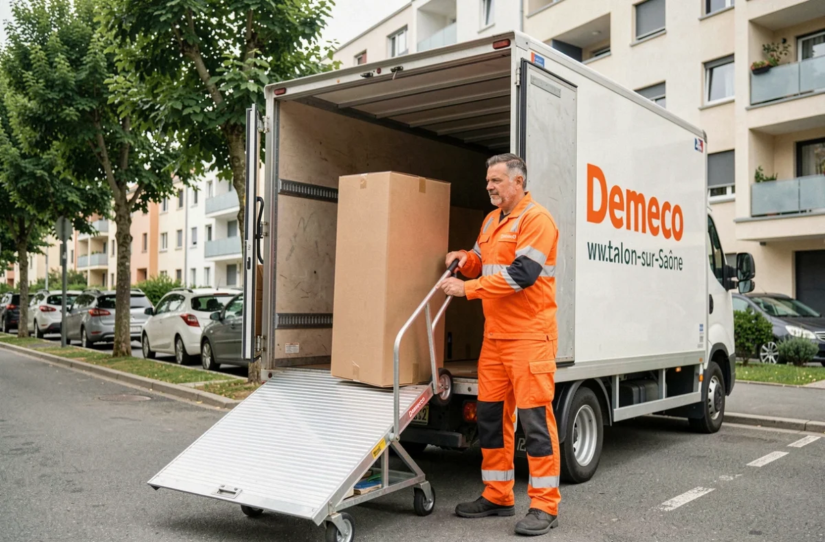 Déménageur Demeco Saône-et-Loire chargeant une caisse garde-robe dans un camion de déménagement brandé devant un immeuble à Chalon-sur-Saône