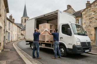 Équipe de déménageurs professionnels chargeant un camion dans une rue d'une petite ville française de la Meuse