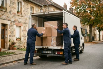 Équipe de déménageurs professionnels chargeant des meubles et cartons dans un camion blanc devant des bâtiments en pierre typiques de Saône-et-Loire