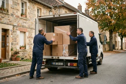 Équipe de déménageurs professionnels chargeant des meubles et cartons dans un camion blanc devant des bâtiments en pierre typiques de Saône-et-Loire