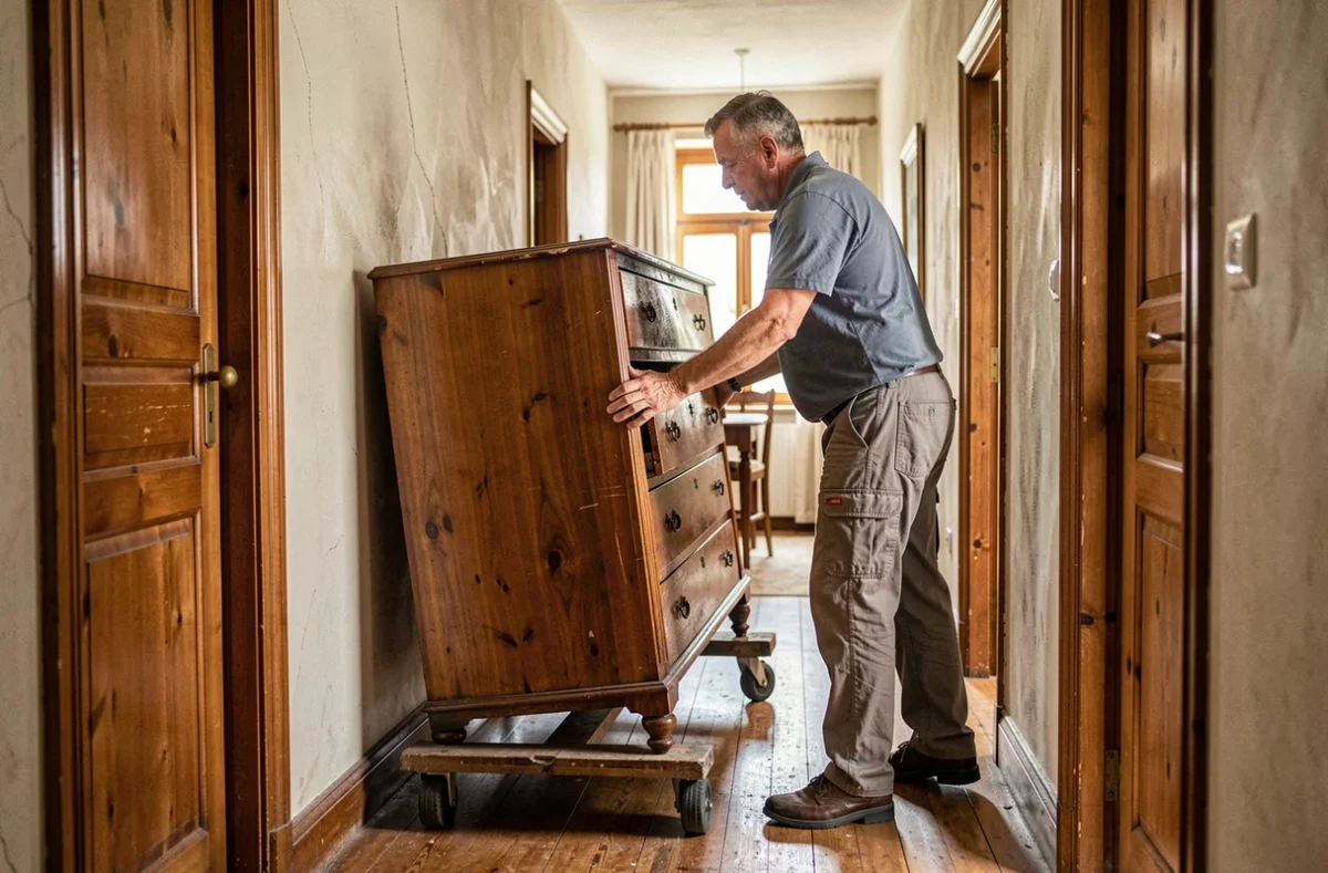Déménageur de l'entreprise Déménagements Chambon manœuvrant une commode ancienne dans le couloir étroit d'une maison bourguignonne en pierre au Creusot