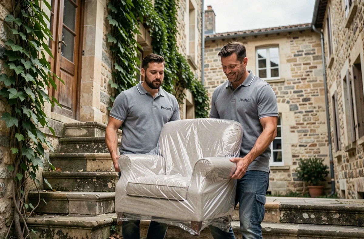 Deux déménageurs de l'entreprise Déménagements Prudent portant un fauteuil emballé dans l'escalier d'une maison bourgeoise en pierre à Mâcon