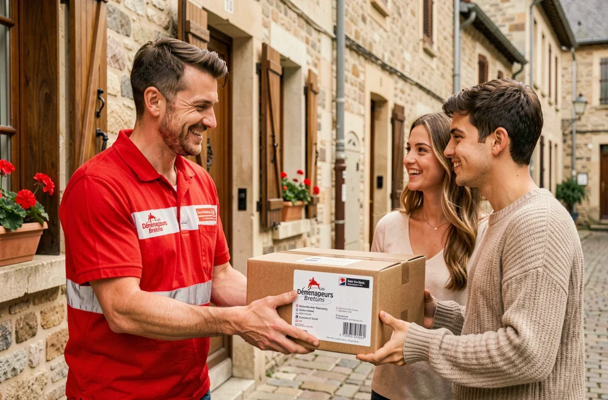 Déménageur des Déménageurs Bretons agence Bourgogne remettant un carton à un couple devant une maison de ville en pierre à Autun, Saône-et-Loire