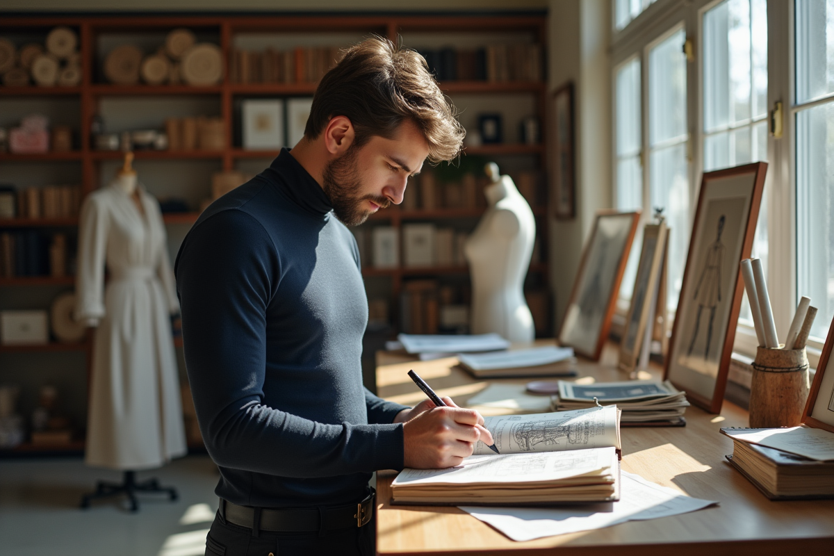 Designer mode en turtleneck esquisse dans son studio lumineux