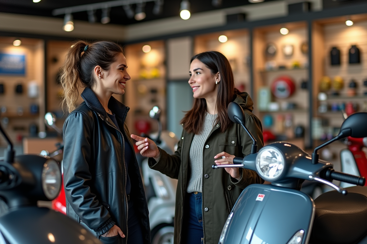 Deux femmes discutant devant des motos en showroom