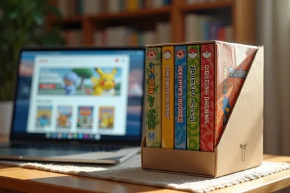 Display collector Pokémon Aventures en coffret posé sur un bureau en bois avec un laptop affichant des comparaisons d'offres en ligne