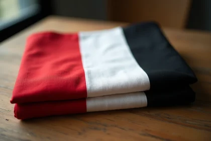 Drapeau rouge blanc noir plié sur une table en bois avec détails du tissu en gros plan