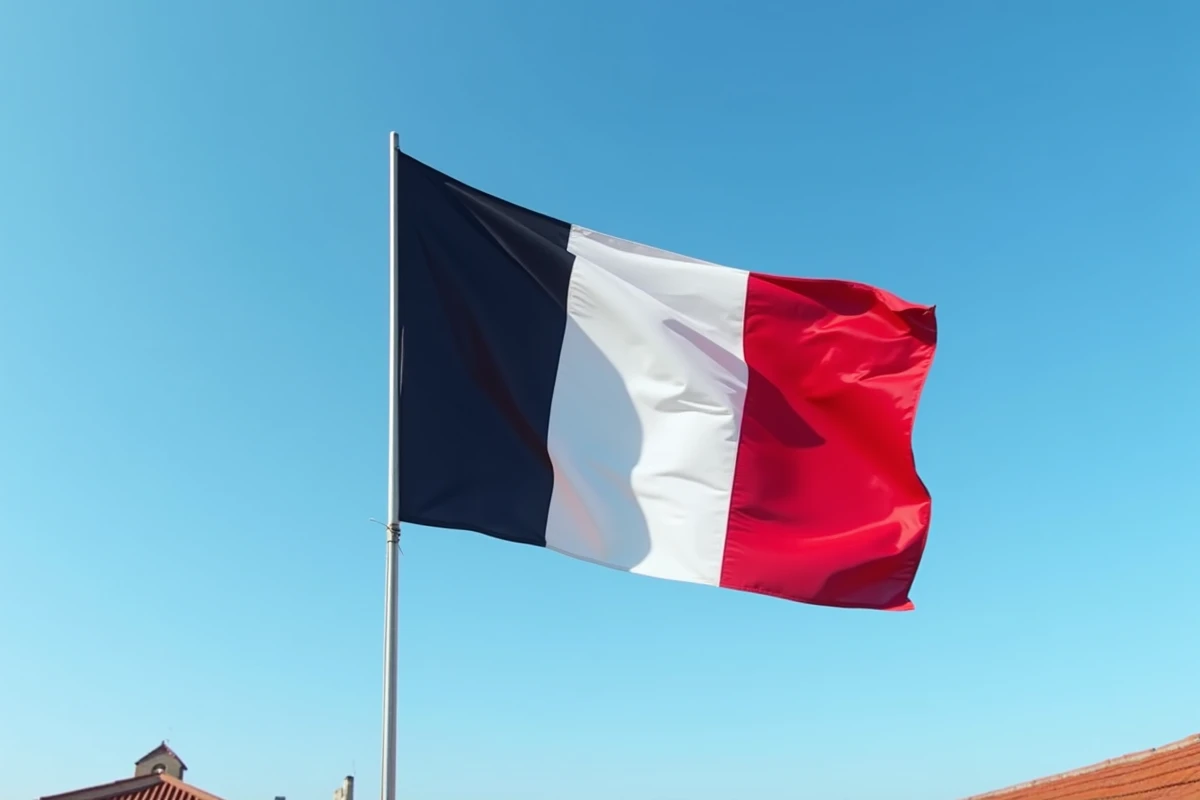 Drapeau tricolore rouge blanc noir sur mât contre un ciel bleu en extérieur