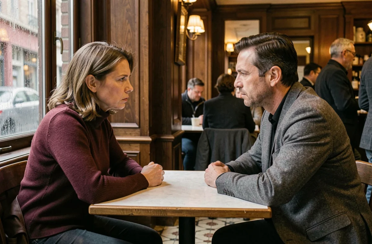 Deux personnages en conversation tendue dans un café, scène d'investigation style thriller contemporain