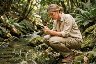 Écologue femme analysant des plantes aquatiques en forêt tempérée au bord d'un ruisseau