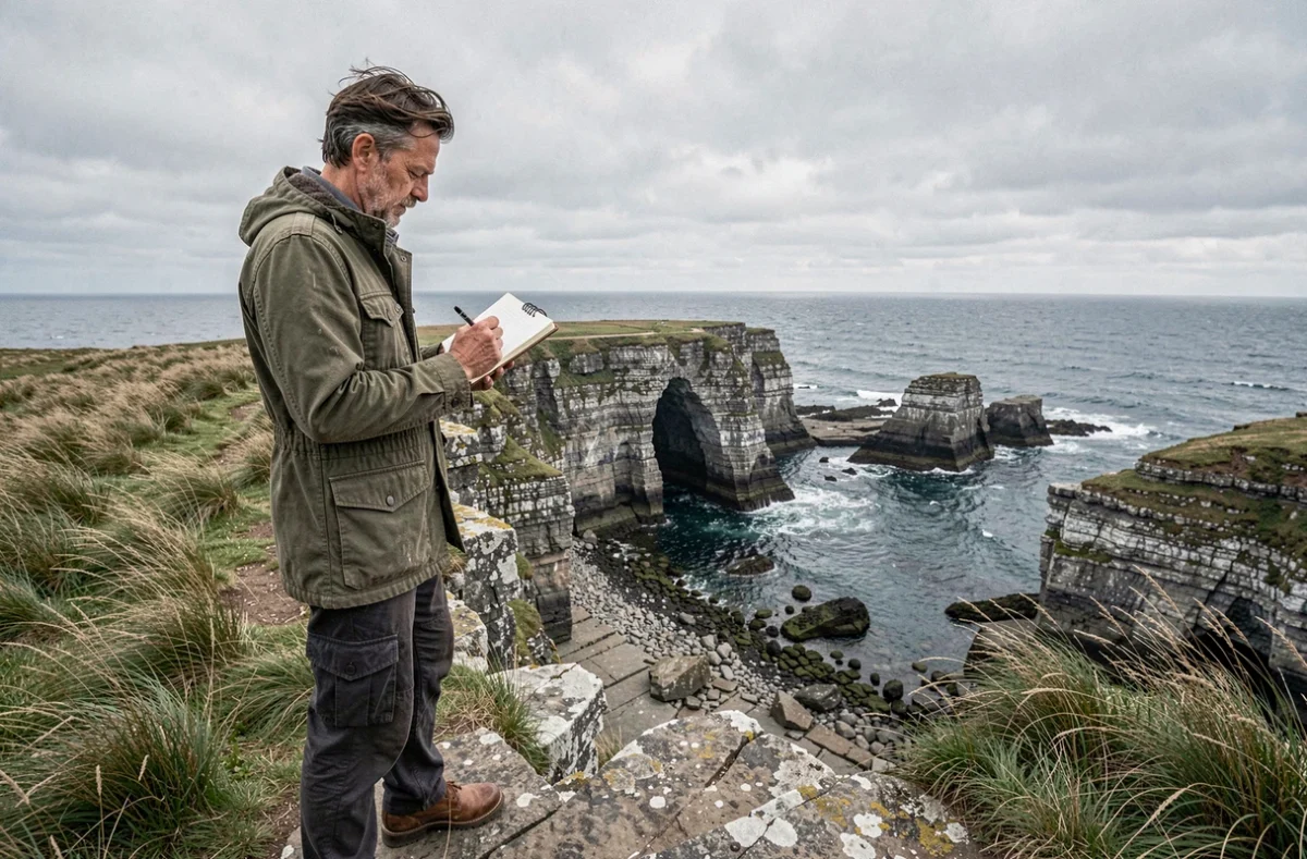 Écologue homme prenant des notes sur une falaise côtière face à un écosystème littoral rocheux
