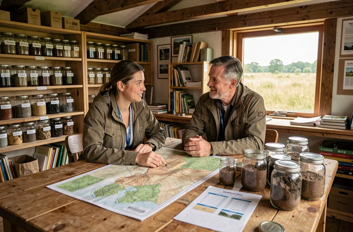 Deux écologues collaborant sur des cartes de biodiversité dans une station de recherche de terrain