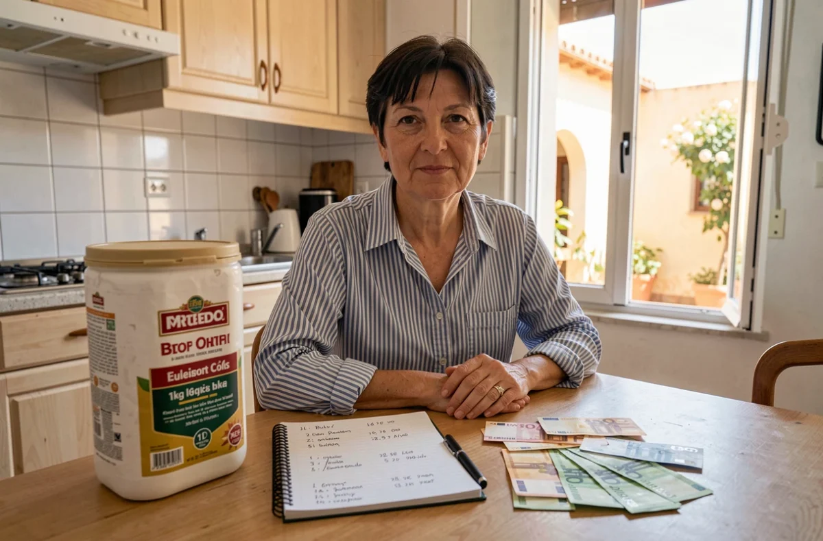 Femme calculant ses économies annuelles sur le prix du tabac en Espagne avec un seau de 1kg sur la table
