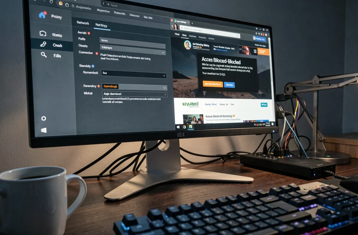 Écran d'ordinateur affichant des paramètres de proxy et un message de site bloqué par le FAI
