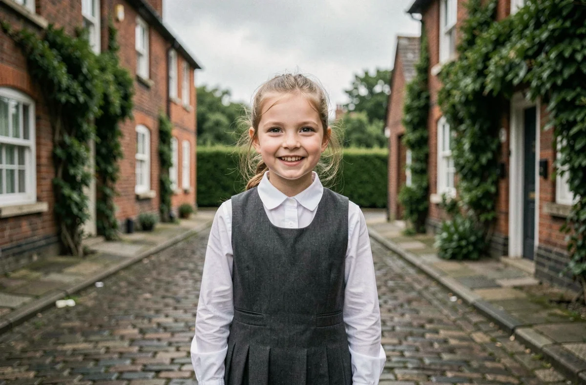 Petite fille en uniforme scolaire britannique dans un village anglais, illustrant l'enfance et les origines d'Emma Watson en Angleterre