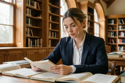 Jeune femme studieuse dans une bibliothèque universitaire de style ivy league, évoquant les années d'études d'Emma Watson à Brown University