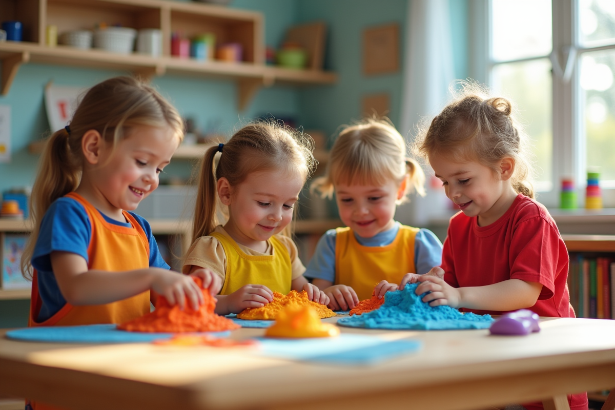 Groupe d'enfants en maternelle façonnant de l'argile colorée
