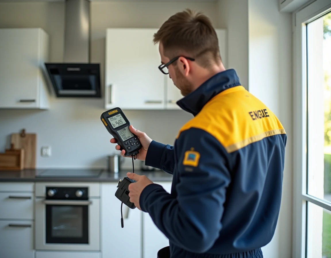Technicien ENGIE Home Services Orléans effectuant la maintenance annuelle d'une chaudière dans un appartement du Loiret