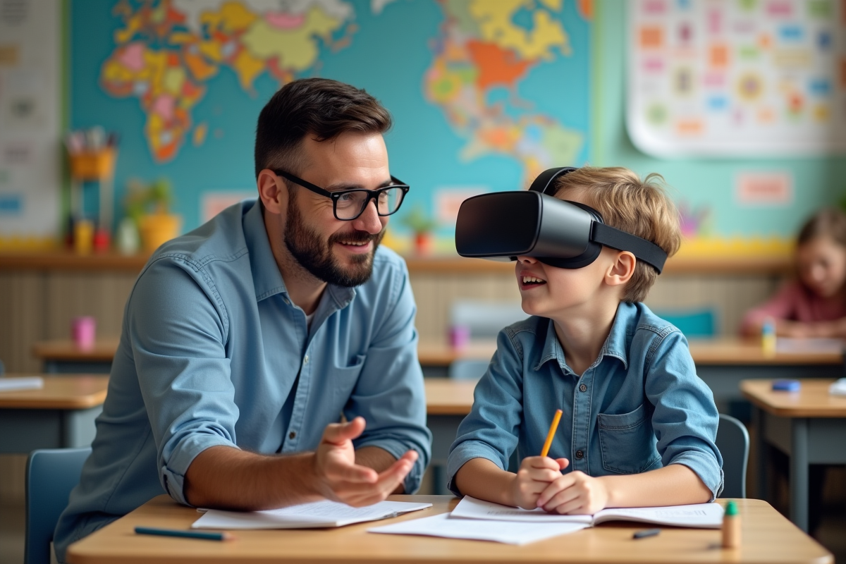 Enseignant aidant un enfant avec des lunettes de realite augmentee dans la classe