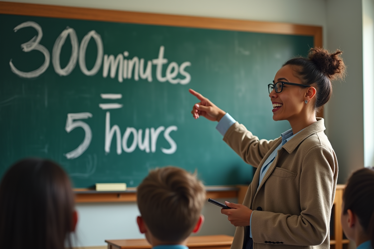 Enseignant souriant pointant le tableau noir avec élèves attentifs