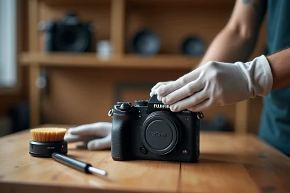 Nettoyage et entretien d'un boîtier Fujifilm X-T20 sur un établi en bois avec des outils de soin photographique