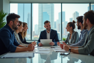 Groupe de professionnels en réunion autour d'une table moderne
