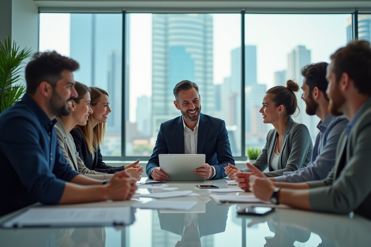 Groupe de professionnels en réunion autour d'une table moderne