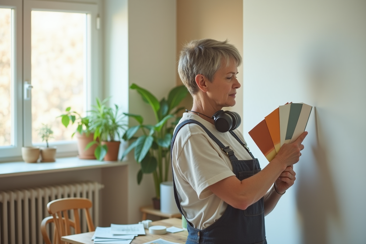 Femme examinant des échantillons de peinture dans une chambre