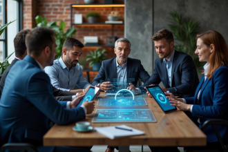 Equipe de professionnels autour d'une table avec tablettes blockchain