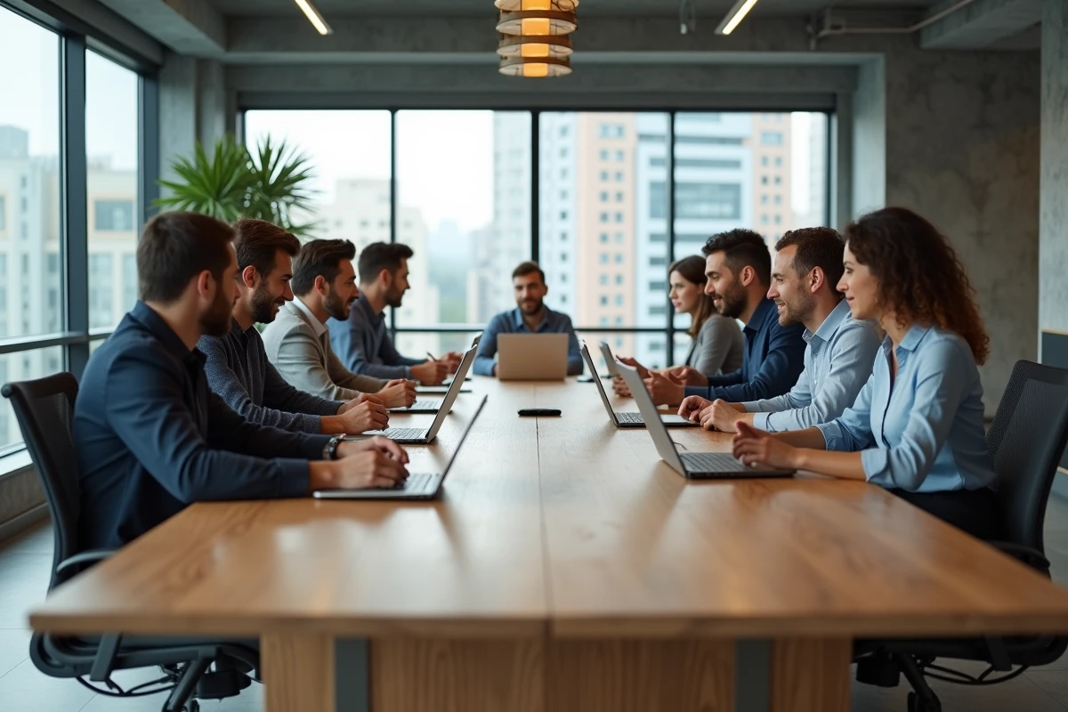 Groupe de collègues en réunion dans une salle de conférence lumineuse