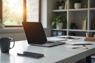 Espace de travail moderne avec ordinateur et notes