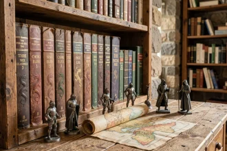 Étagère en bois remplie de romans de fantasy et figurines de chevaliers évoquant l'univers du Seigneur des Anneaux