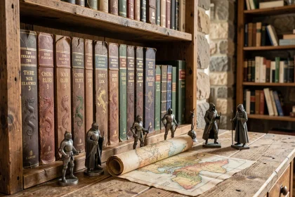 Étagère en bois remplie de romans de fantasy et figurines de chevaliers évoquant l'univers du Seigneur des Anneaux