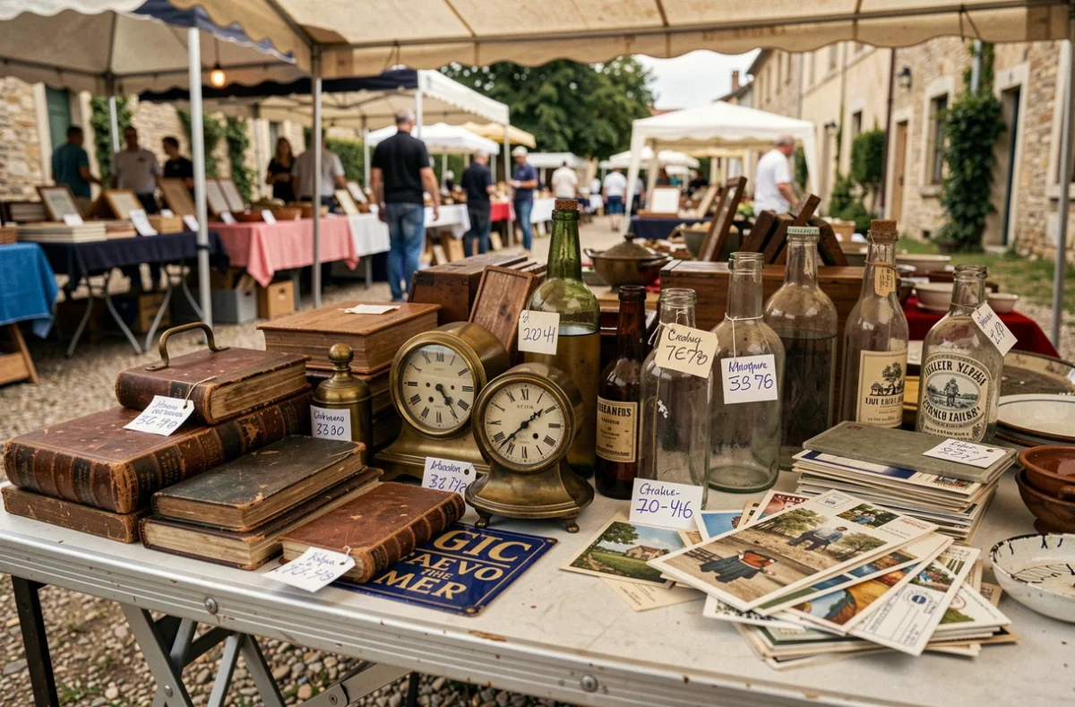 Étalage d'objets vintage et antiquités sur une table de brocante en Yvelines