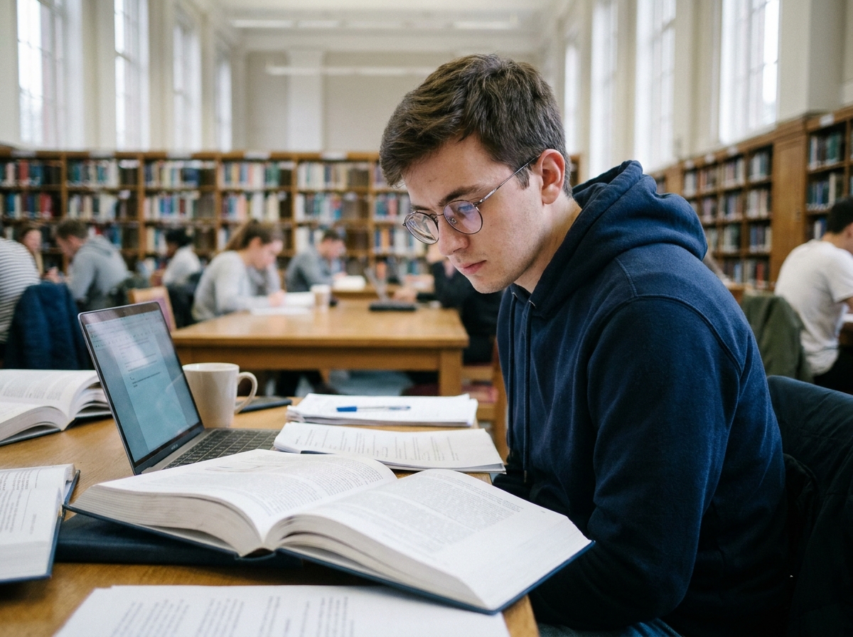 Étudiant portant des lunettes en train de réviser dans une bibliothèque universitaire bretonne